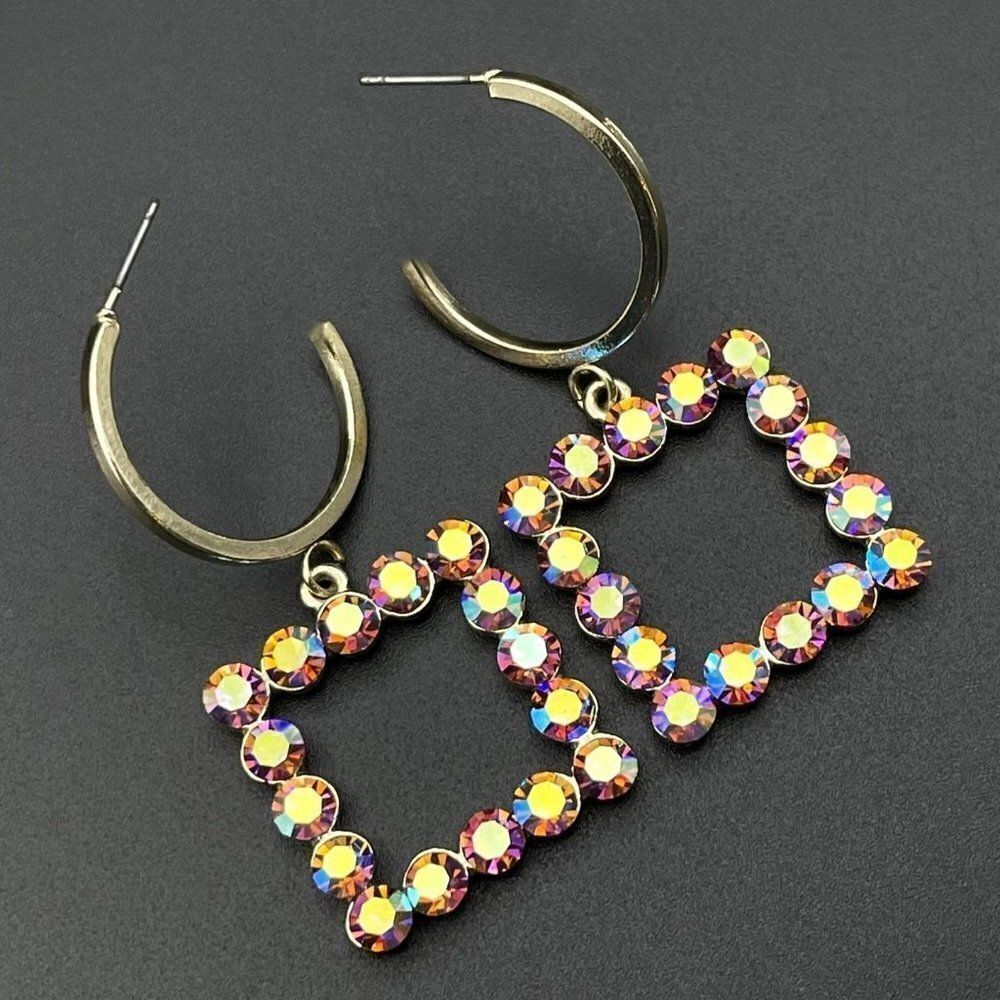 Yellow Gold with Iridescent AB Crystal Dangling Square and Hoop Post Earrings